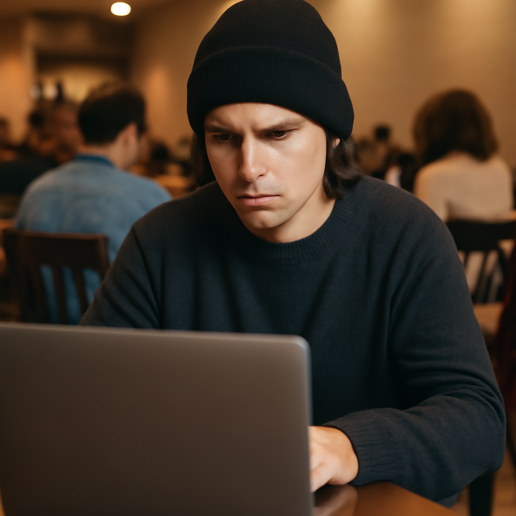 Person sitting at laptop in coffee shop with blurred screen.
