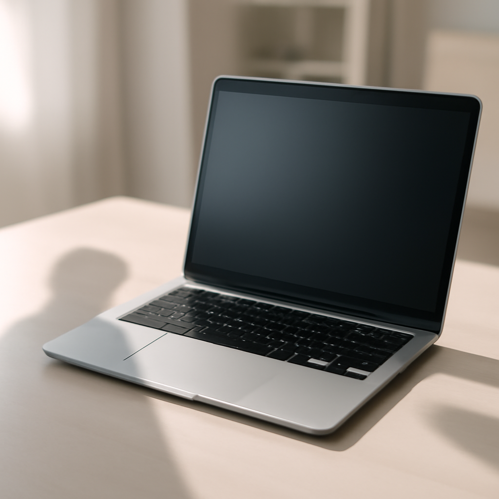 macOS laptop on a desk with a blurred background and a faint shadow nearby.