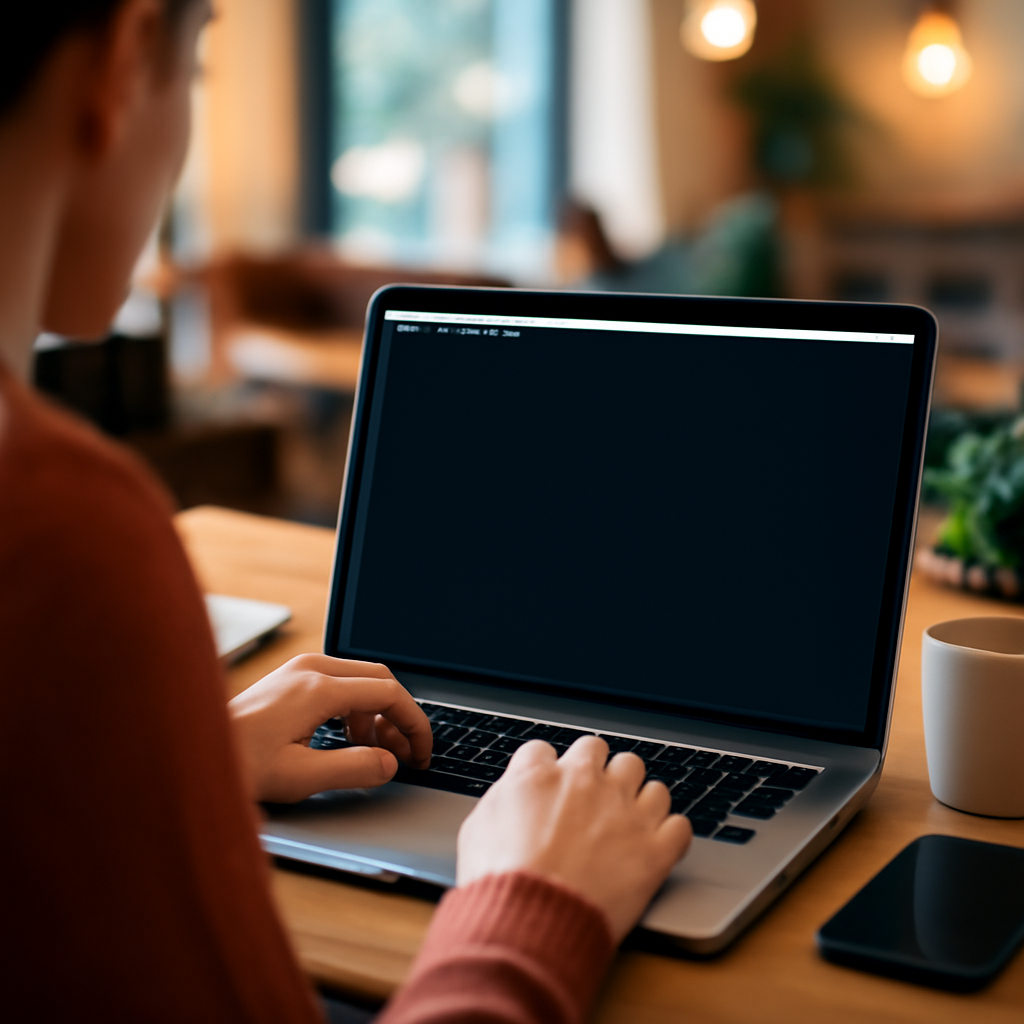 Person working on laptop in cozy setting with Terminal window open.