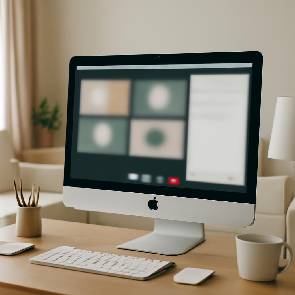Mac computer on a desk with screen sharing active in a home office setting.