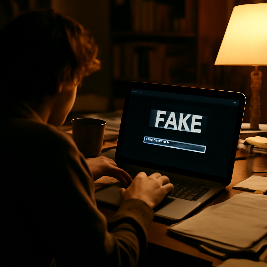 Person sitting at laptop in dimly lit space with screen showing fake progress animation or terminal window.