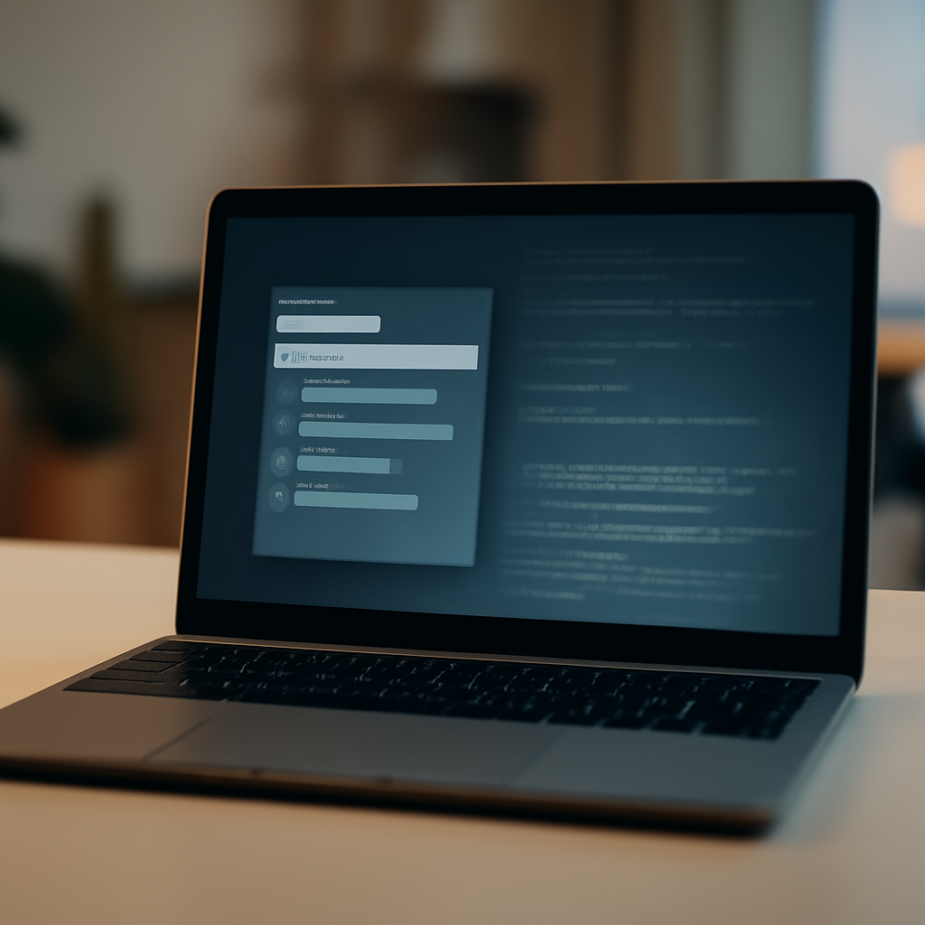 MacBook on a desk with a softly lit modern workspace background and coding elements on the screen.