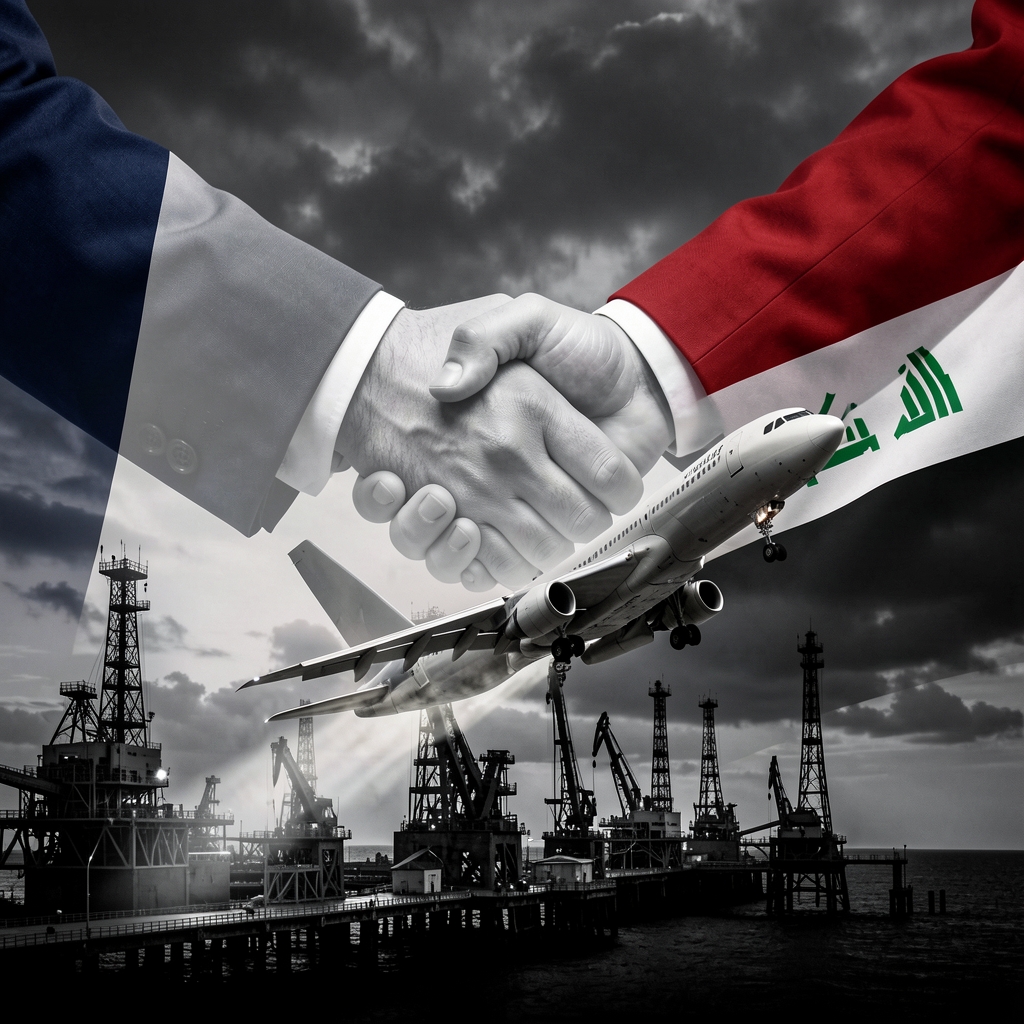 French and Iraqi flags intertwined with suited figures shaking hands, set against a dark industrial landscape with oil rigs…