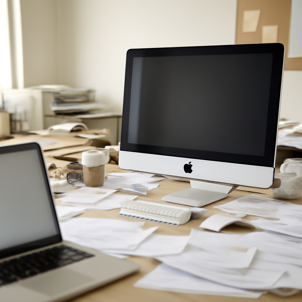 Cluttered home office with Mac computer on desk, surrounded by papers and office supplies, hinting at disarray.