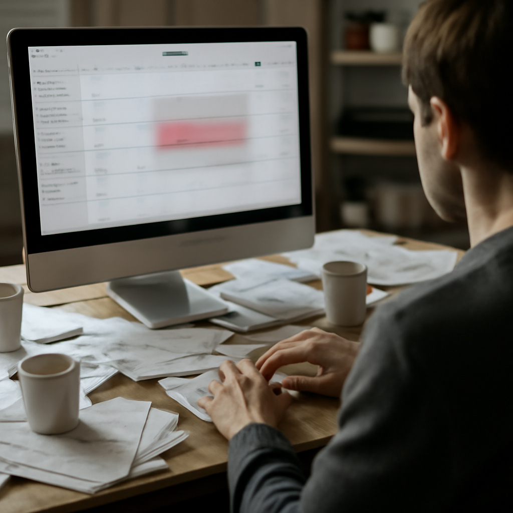 Person sitting at cluttered desk with Mac computer showing suspicious calendar event.