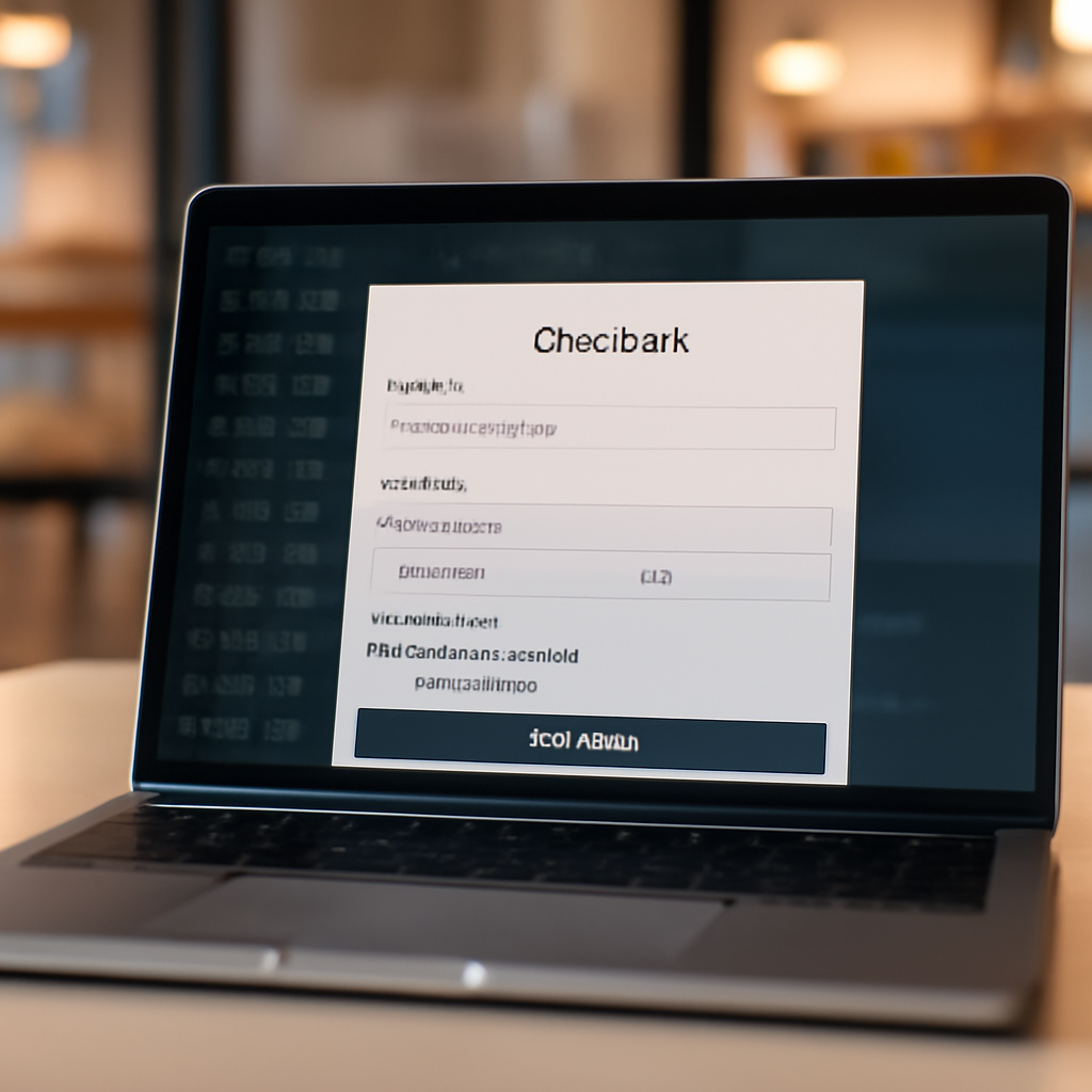 Laptop screen shows checkout page with subtle code hint in background, in neutral indoor setting.