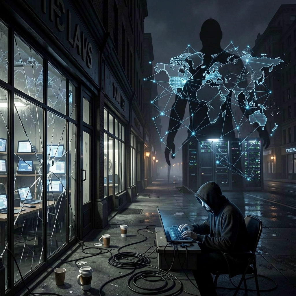 Dark cityscape with storefronts' eerie glow, shattered glass, and a lone hooded figure in a distant computer server room.