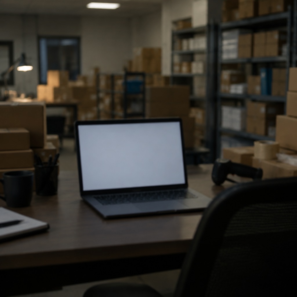 Blurred computer workstation in a dimly lit online retail store's back office with stacks of boxes and shelves in the…