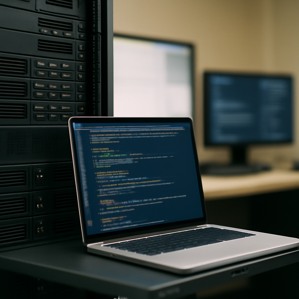 Server room with code on a laptop screen and blurred monitors in the background.