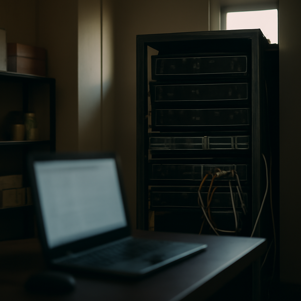Dimly lit office with server room in background, daylight seeping through small window.