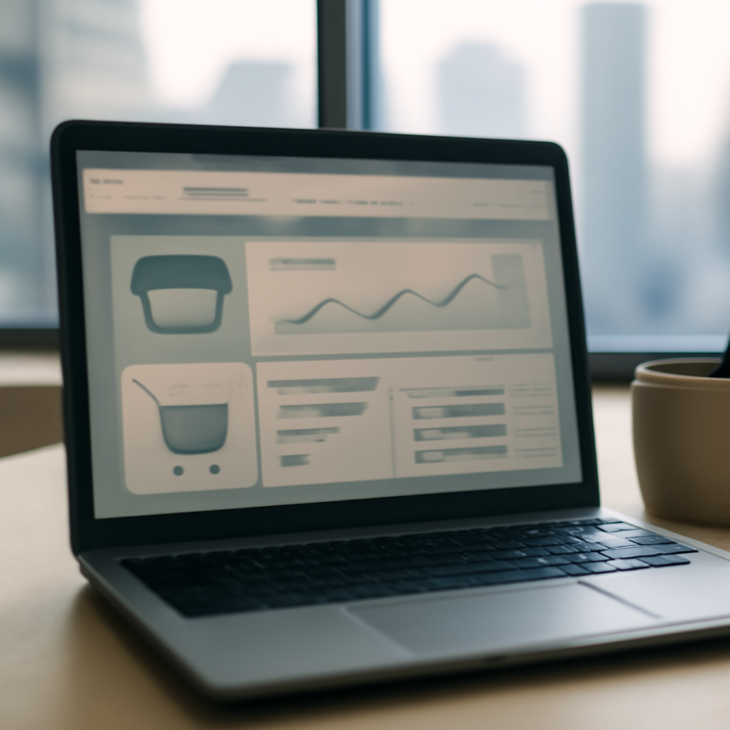 Laptop screen displays e-commerce dashboard with blurred office background.