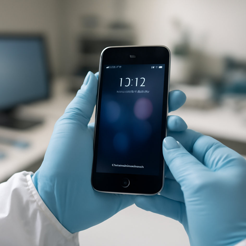 Forensic technician's hands hold a locked iPhone in a lab setting.