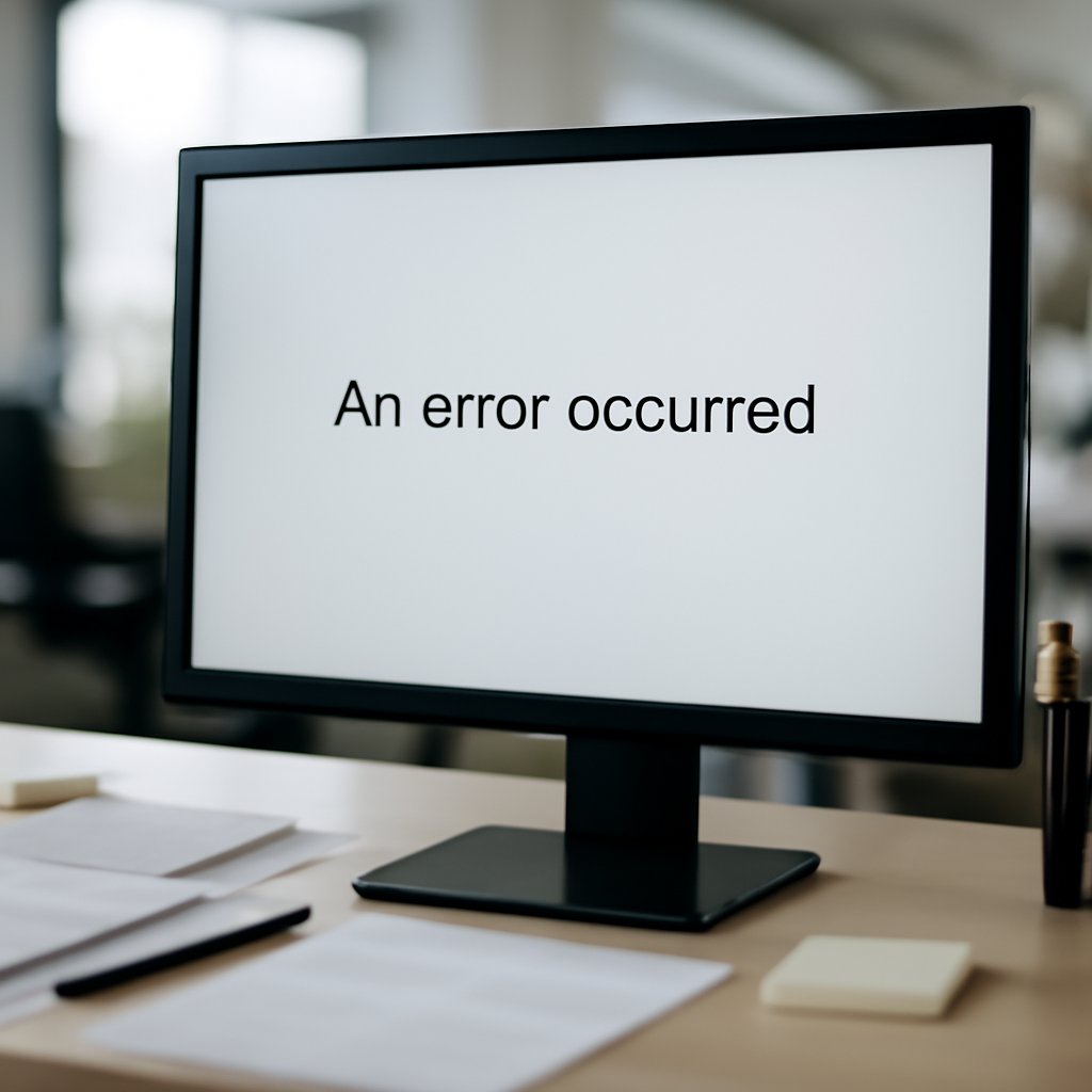 Computer screen displays error message in office setting with blurred background.