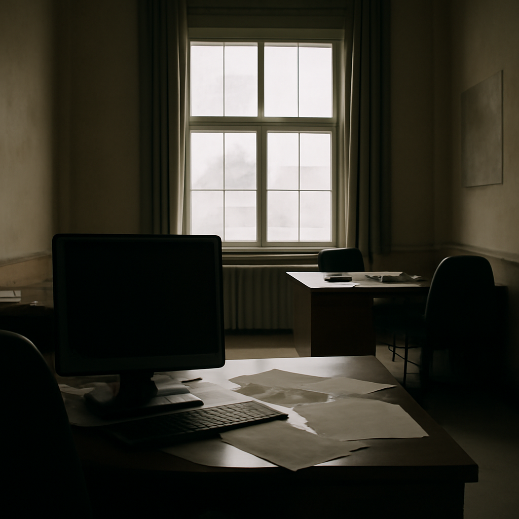 Dimly lit government office room with scattered papers and a darkened computer screen.
