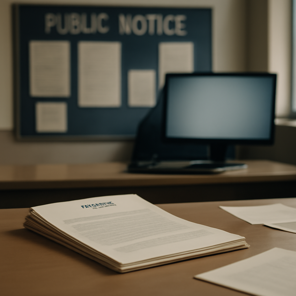 Government office setting with computer screen and partially visible foreground object.