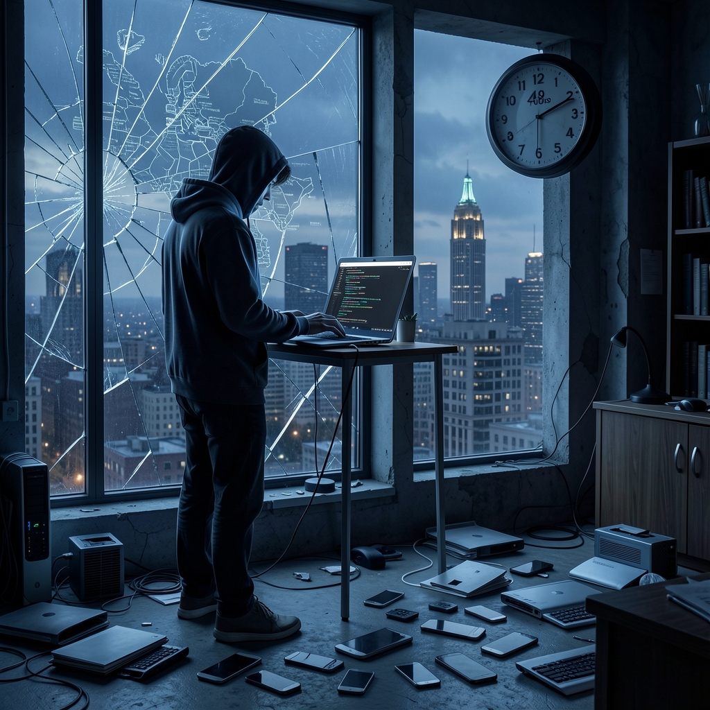 A lone figure in a hoodie intensely focuses on a laptop displaying code in front of a cracked windowpane with a city map in…