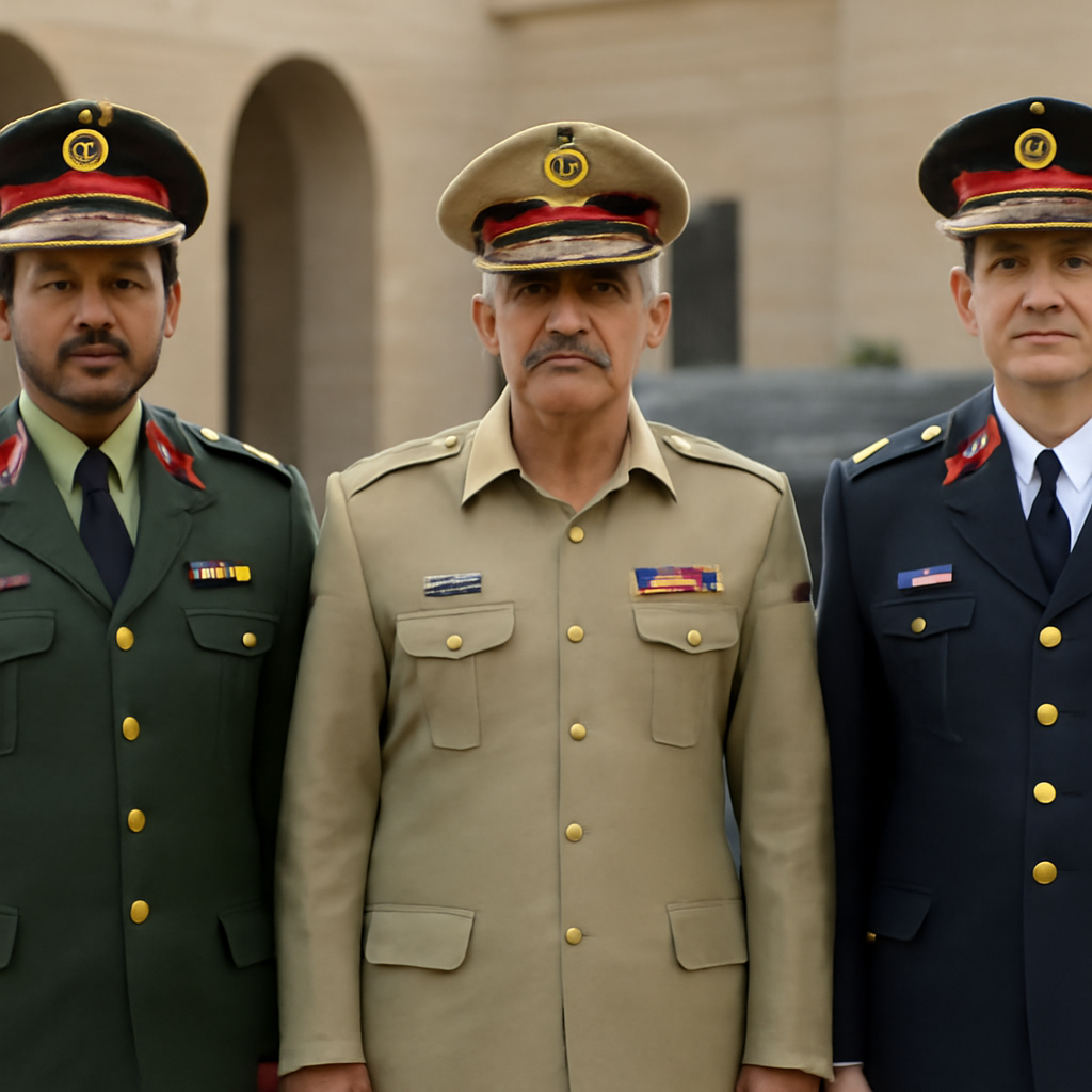 Military personnel from Saudi Arabia, Pakistan, and Turkey stand together in formal attire in a neutral setting.