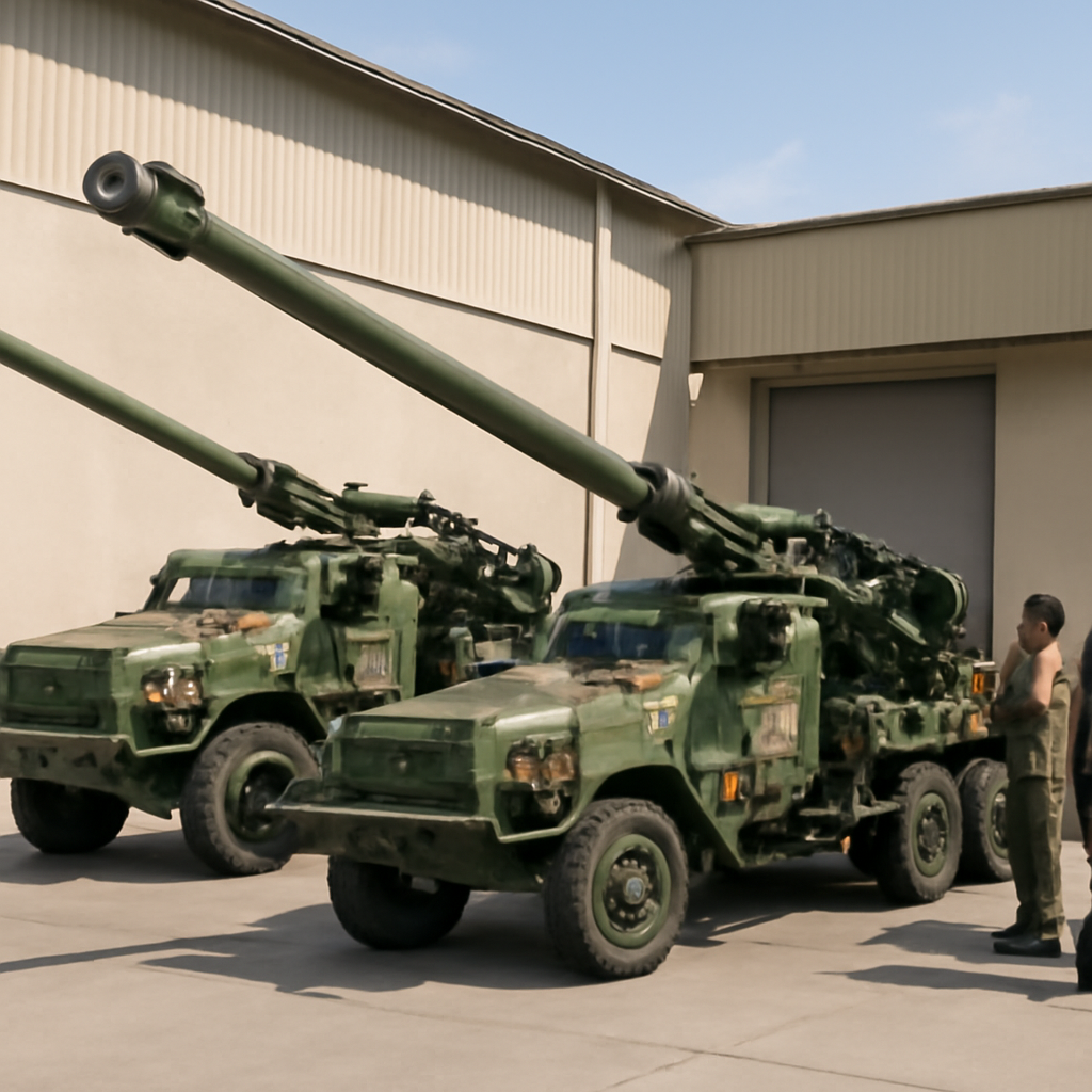 Malaysian personnel inspect Caesar self-propelled howitzers at a facility.