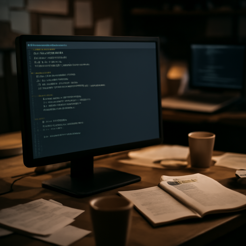 Dimly lit workspace with a Windows console on a desk, surrounded by papers and coffee cups, with a laptop in the background…