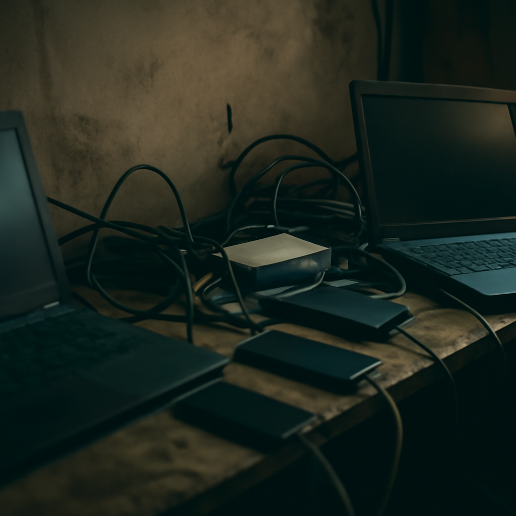 Dimly lit room with scattered devices and tangled cables suggests makeshift indoor operation.