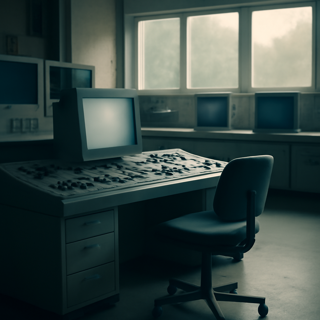 A dimly lit industrial control room with a clean, empty workstation and unoccupied chair in front of computer screens and…