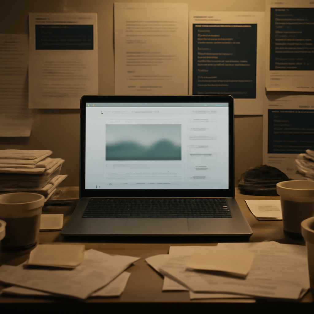 Cluttered developer's workspace with laptop displaying a blurred webpage amidst papers and notes.