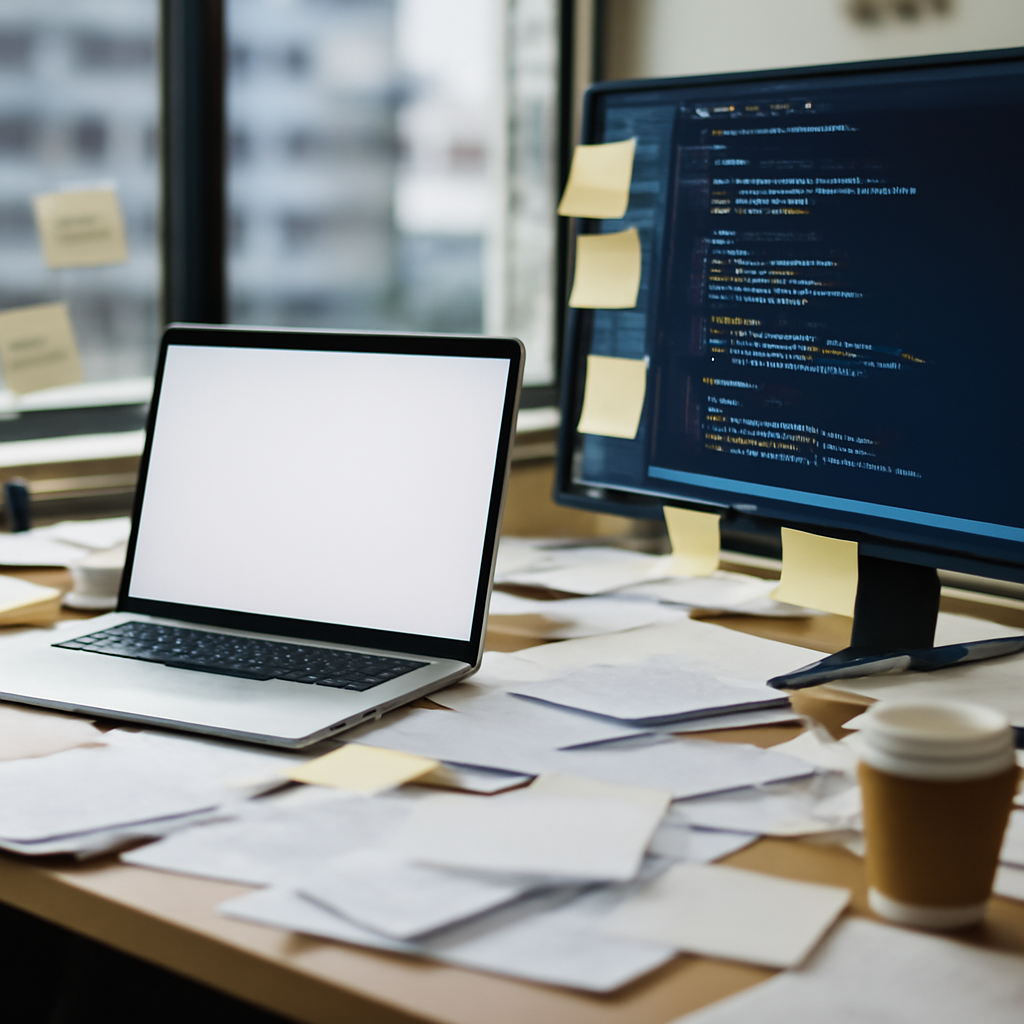 Cluttered software development workspace with laptop, monitor, and papers.