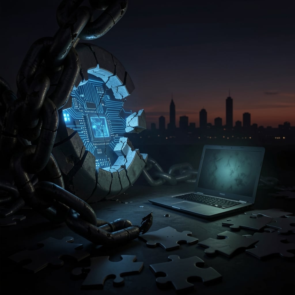 Broken chain link reveals glowing circuit board amidst puzzle pieces and cityscape at dusk, with ominous laptop screen…