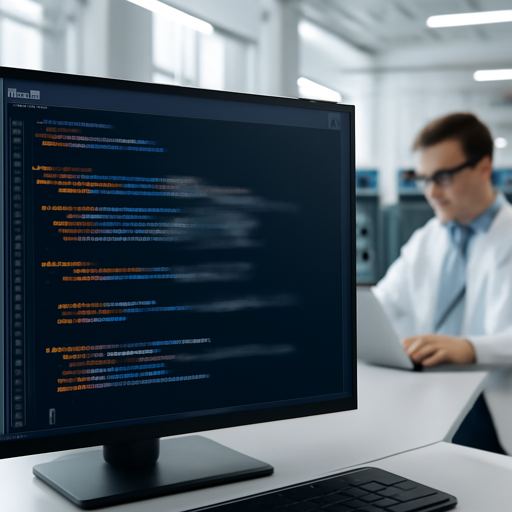 Researcher works on laptop in lab while computer screen displays obscured code.