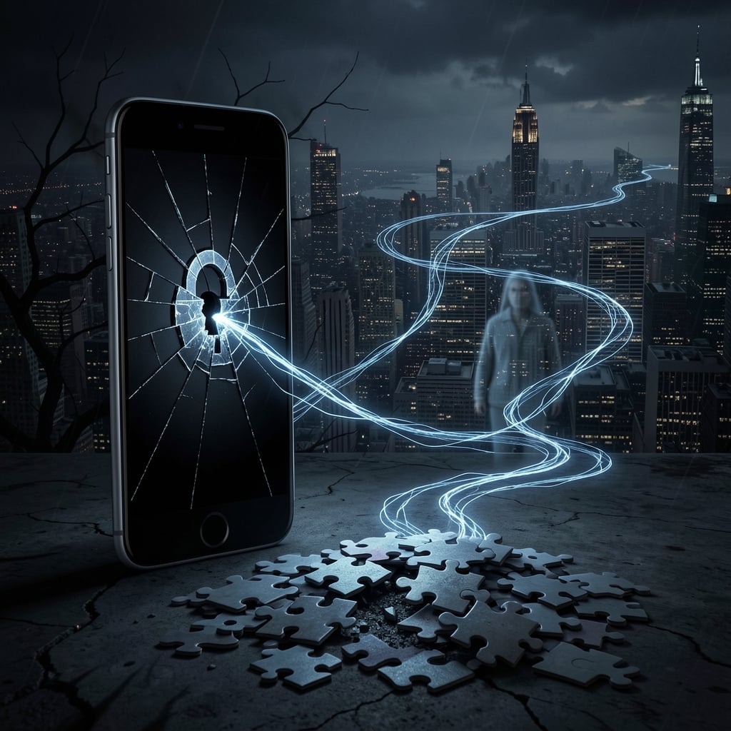 Dark smartphone screen with cracked lock and eerie shadows, glowing thread weaving through cityscape, symbolizing malware…