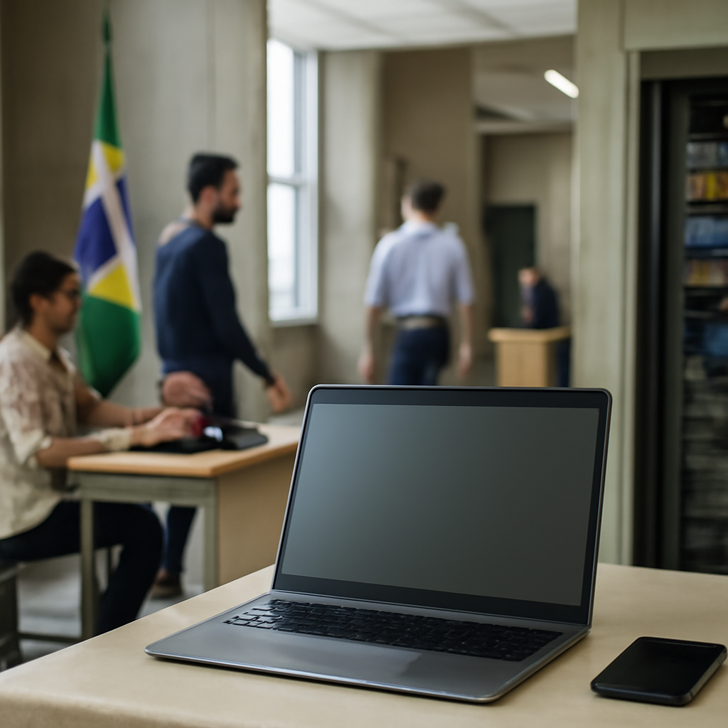 Brazilian government building with people walking by, subtle server room in background.