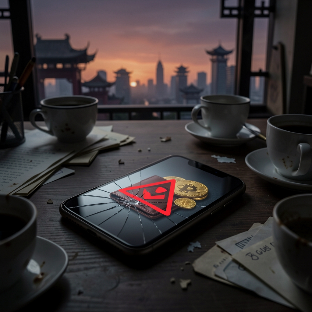 Smartphone with cracked screen on cluttered desk, cityscape with Chinese architecture in background, hints of wallet and…