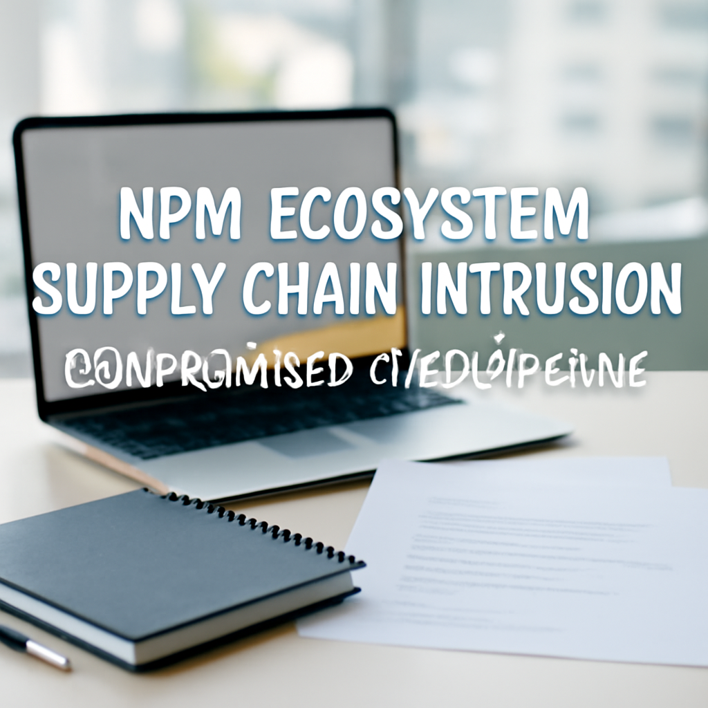 Compromised software development environment with laptop and papers, hinting at a supply-chain intrusion.