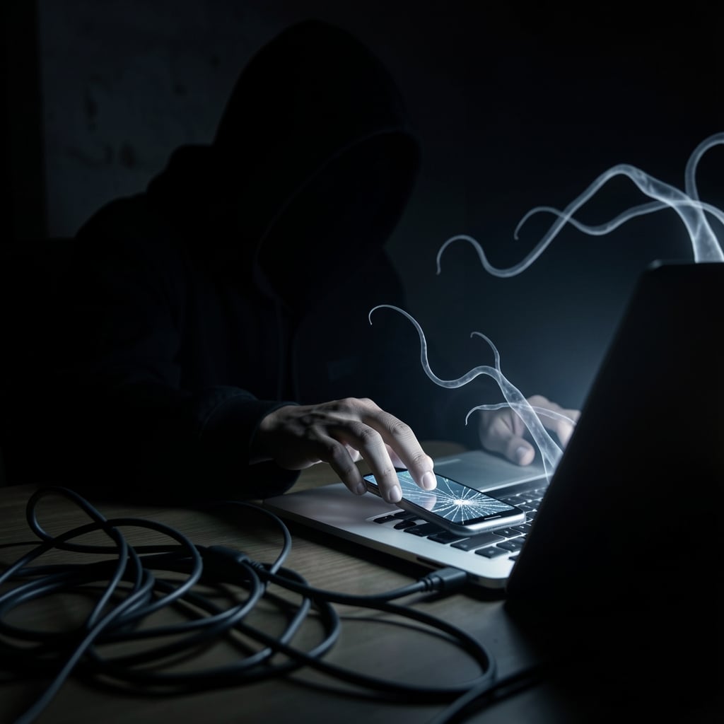 Shadowy figure lurks beside a laptop and smartphone, surrounded by tangled cables, symbolizing digital vulnerability.