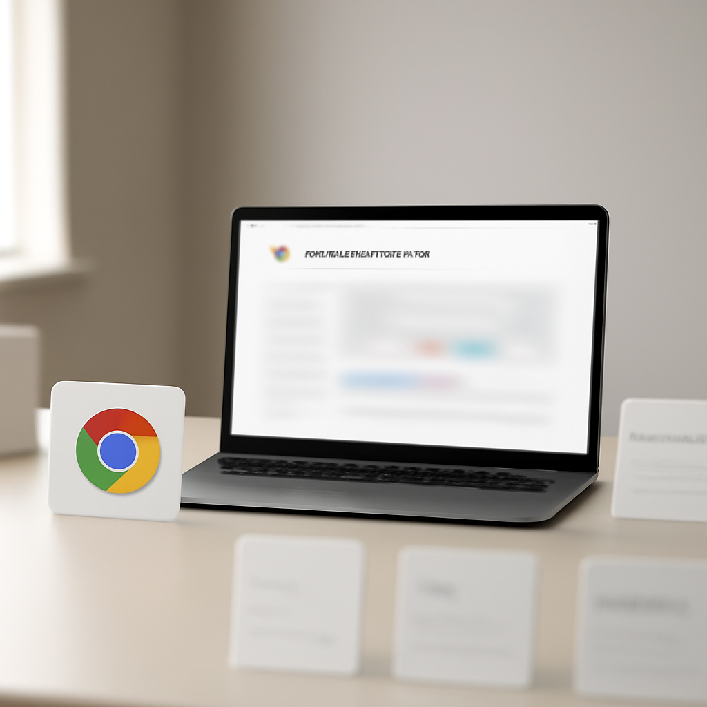 Laptop on a table displays a blurred Chrome Web Store page surrounded by out-of-focus software boxes.