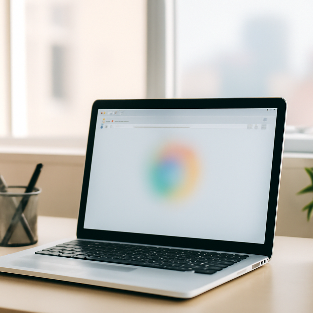Laptop on a desk near a window with a blurred Chrome browser window on the screen.