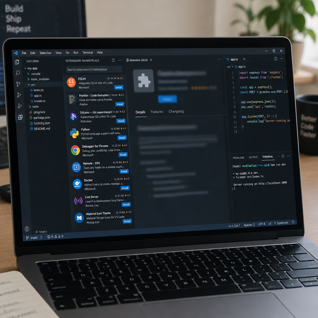 VS Code extension marketplace interface with blurred center panel on a developer's laptop screen.