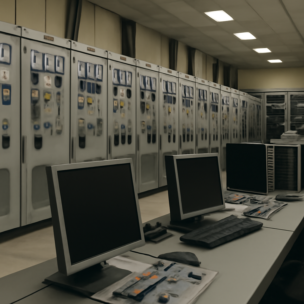 Industrial computer servers and monitoring equipment in a power grid control room with generic computer screens and control…