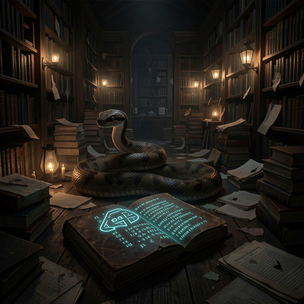 Snake slithers through crowded, dimly lit library, symbolizing malicious code infiltration.