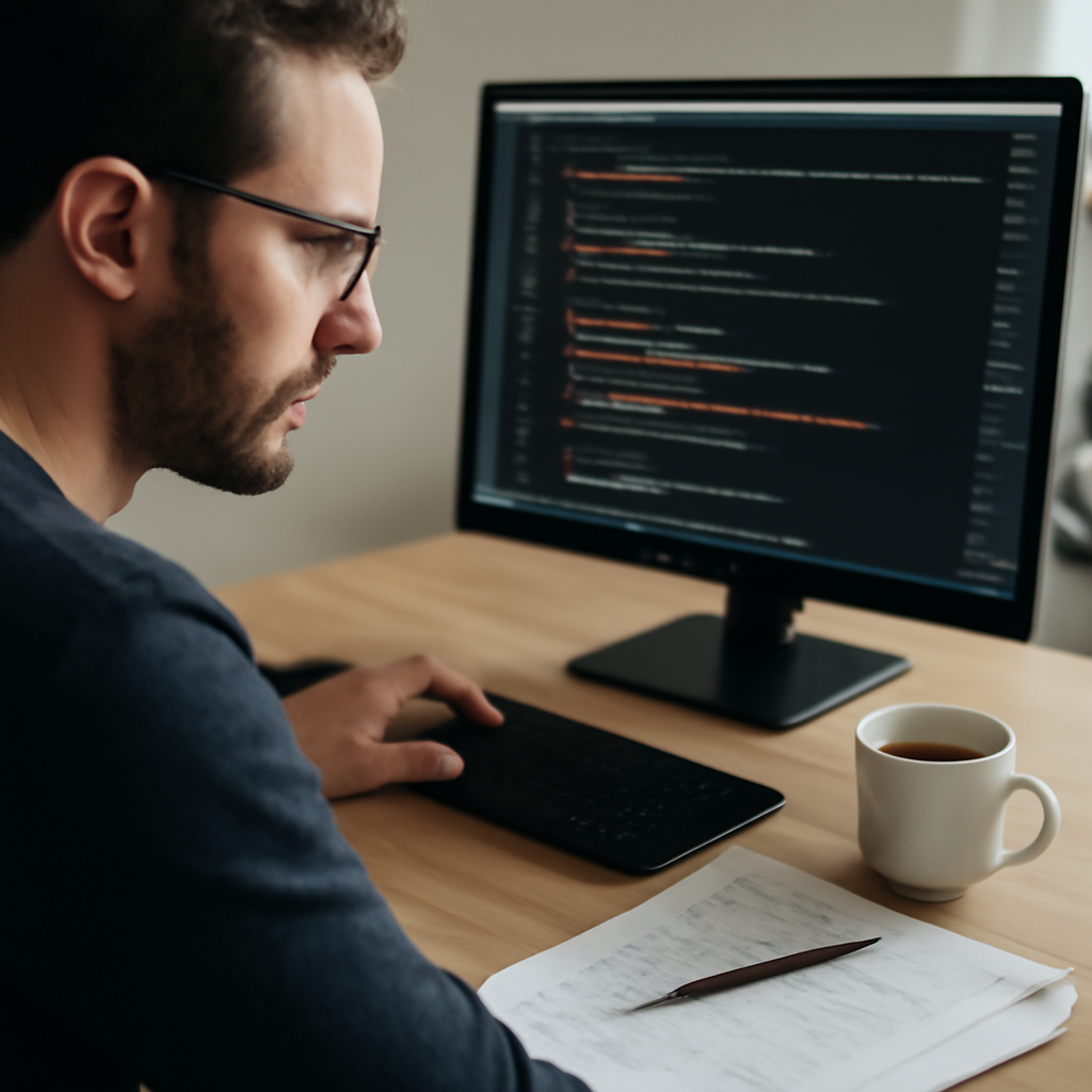 WordPress plugin developer's workspace with code on screen, coffee, and notes on a minimalist wooden desk.