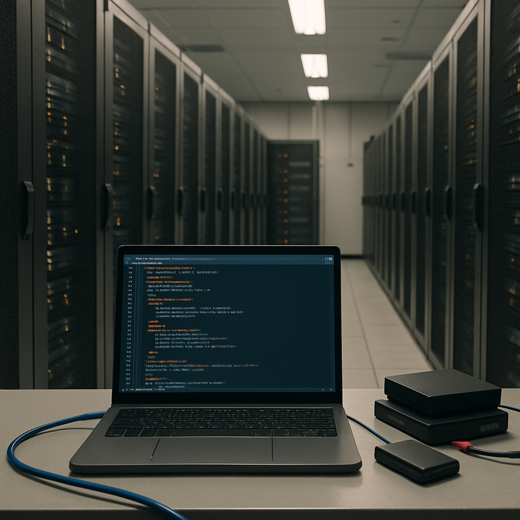 Server room with rows of computer equipment and a laptop displaying code in the foreground.