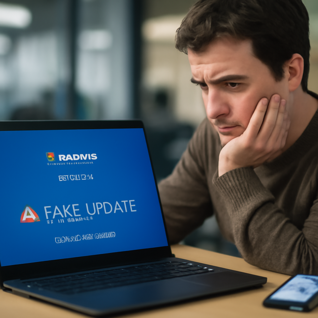 Person looks concerned while interacting with fake Microsoft update on laptop at office desk.