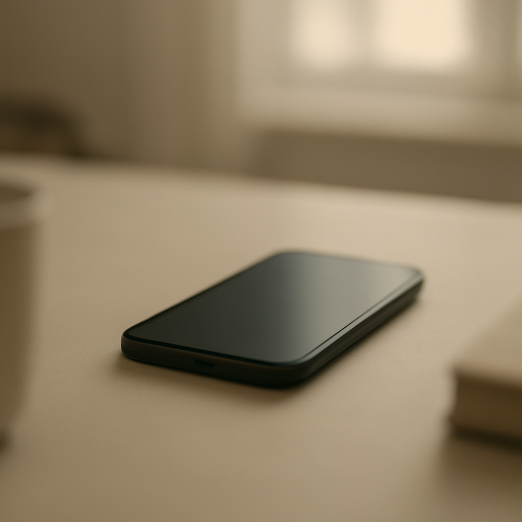 Smartphone on a neutral surface with blurred surroundings and daylight in the background.