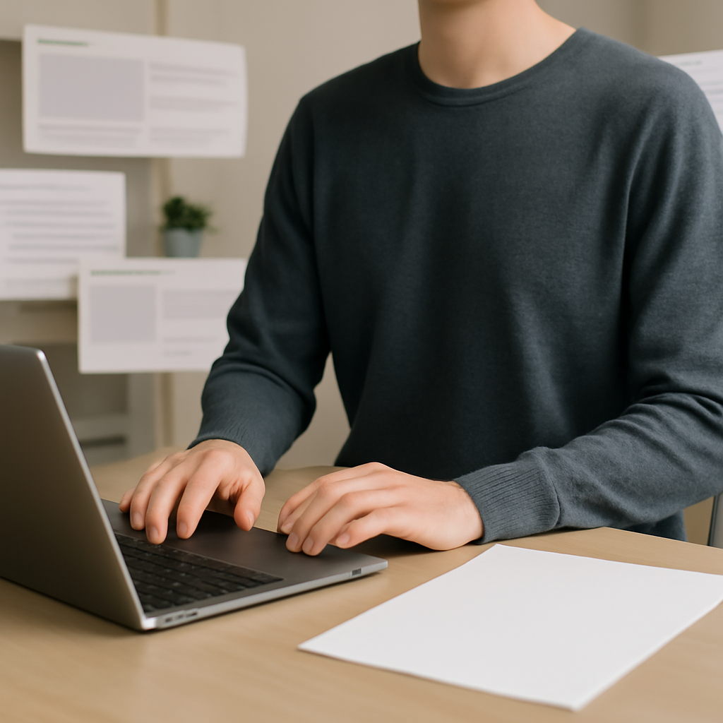 Person sits at desk with laptop, hands paused over keyboard, surrounded by blurred browser windows.