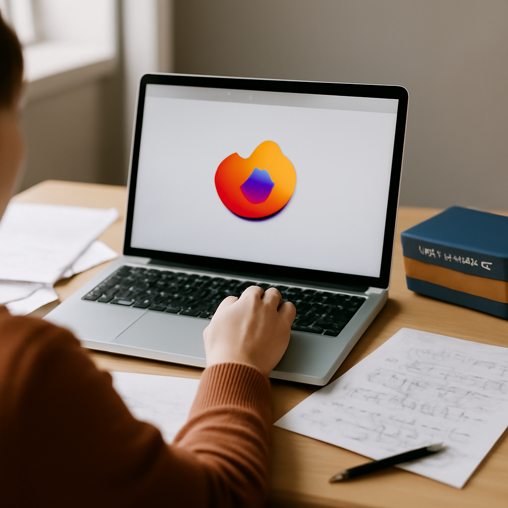 Person working at desk with Firefox browser open on laptop amidst papers and cryptocurrency notes.