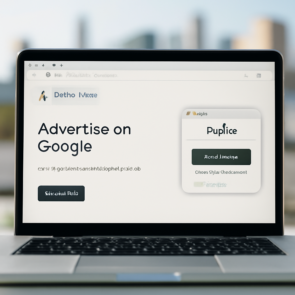 Laptop screen shows fake Node.js download page on Google Ads against blurred cityscape.