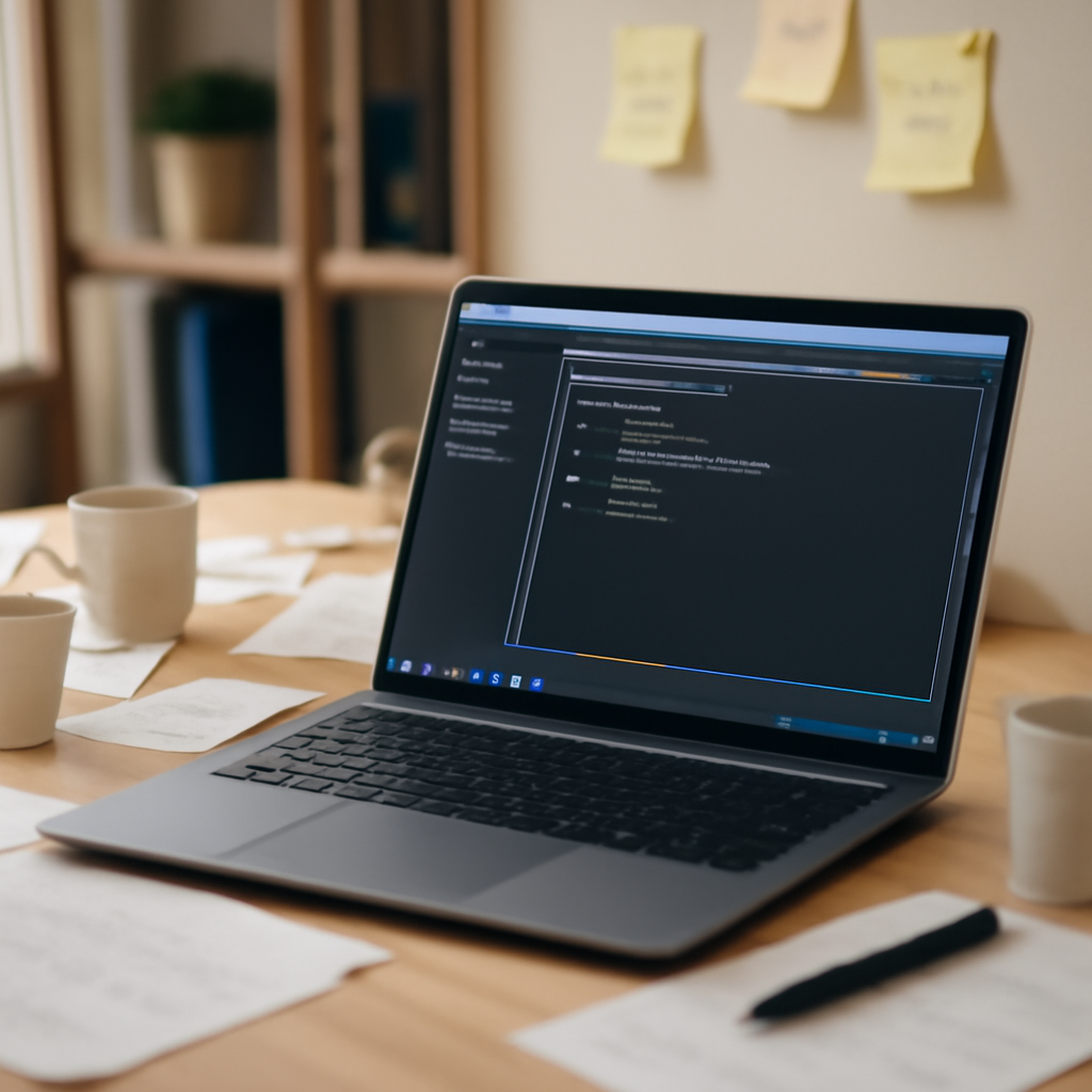 Cluttered home office workstation with laptop displaying coding interface.