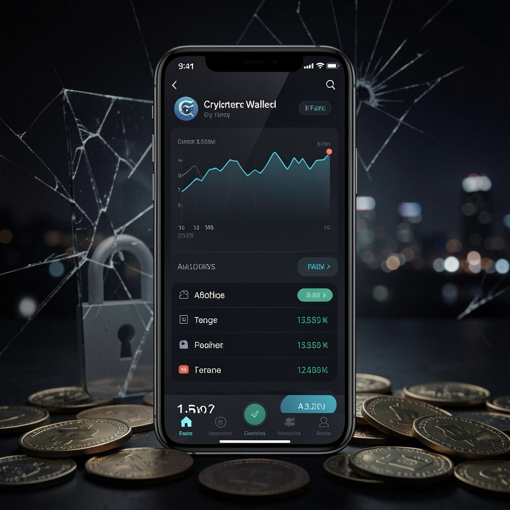 Smartphone screen displays fake crypto wallet with cracked screen, coins, and padlock in shadows.