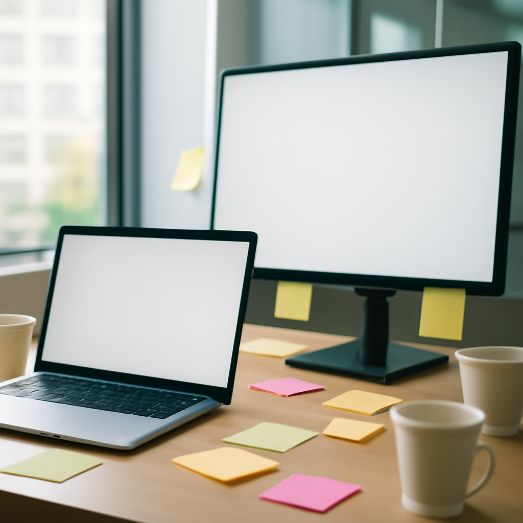 Developer workstation with laptop and monitor, surrounded by notes and coffee cups, in a modern office with natural light.