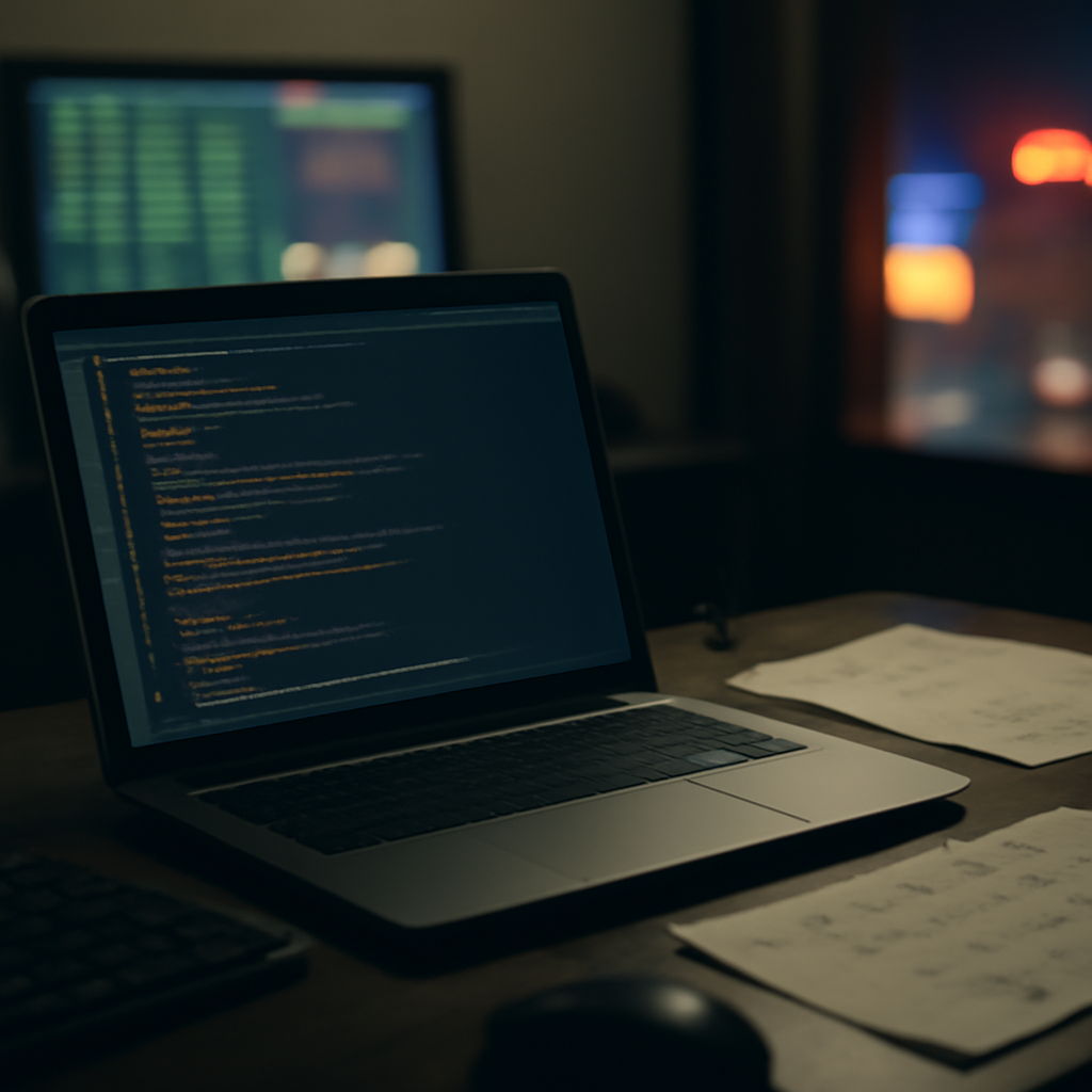 Dimly lit coding environment with blurred code on screen and scattered tech items nearby.